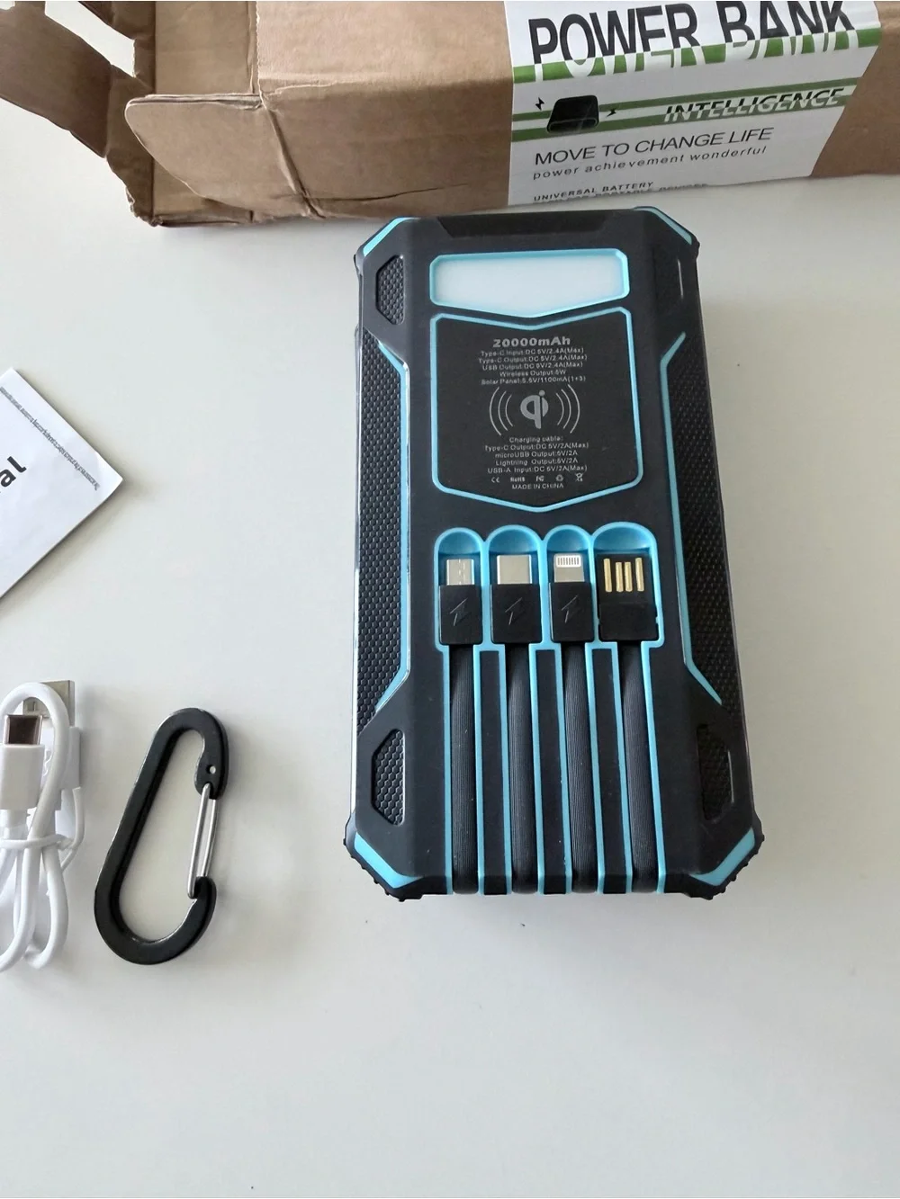 20000mAh Black & Turquoise Portable Solar Power Bank with Built-in Cables
